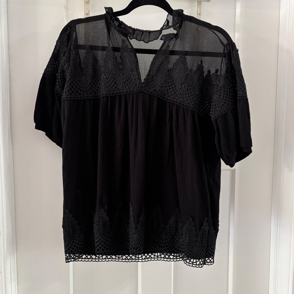 Maeve Anthropologie Giulia Blk Lace Trim Collared Top Blouse puff sleeve Boho XS